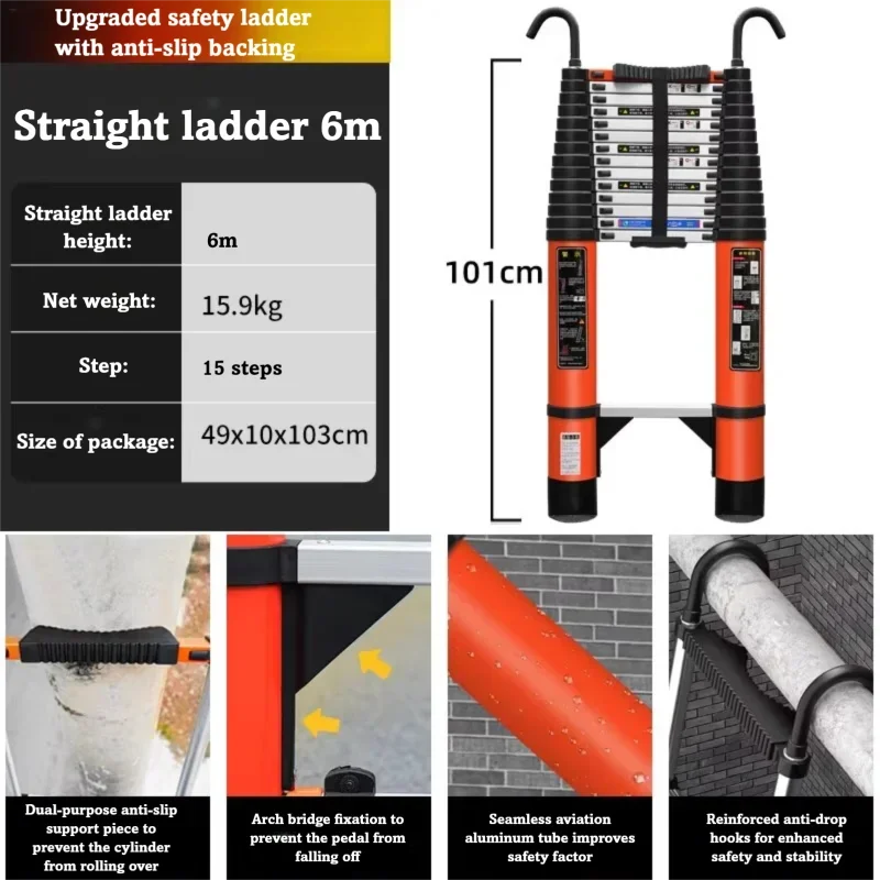 Aluminum Telescopic Ladder 5M 6M 8M Portable Straight Design with Hook Wheel for Engineering and Household Use
