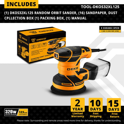 DEKO DKOS32XL125 320W Speed 14000pm Random Orbit Sander  Home DIY Carpenter Strong Dust Collection Polisher