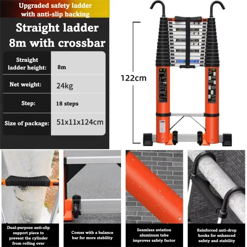 Aluminum Telescopic Ladder 5M 6M 8M Portable Straight Design with Hook Wheel for Engineering and Household Use