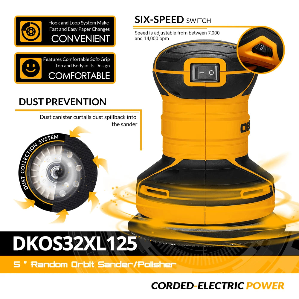 DEKO DKOS32XL125 320W Speed 14000pm Random Orbit Sander  Home DIY Carpenter Strong Dust Collection Polisher