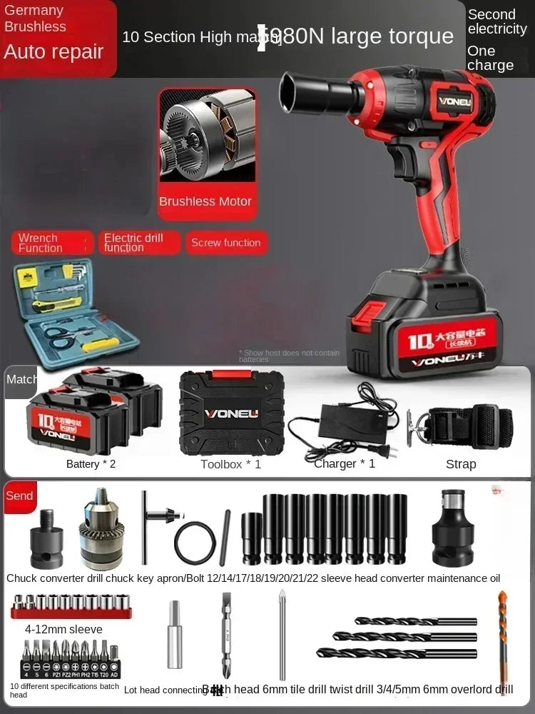 110V/220V Professional German Electric Wrench with High Torque Brushless Lithium Battery and Impact Wrench for Powerful AC