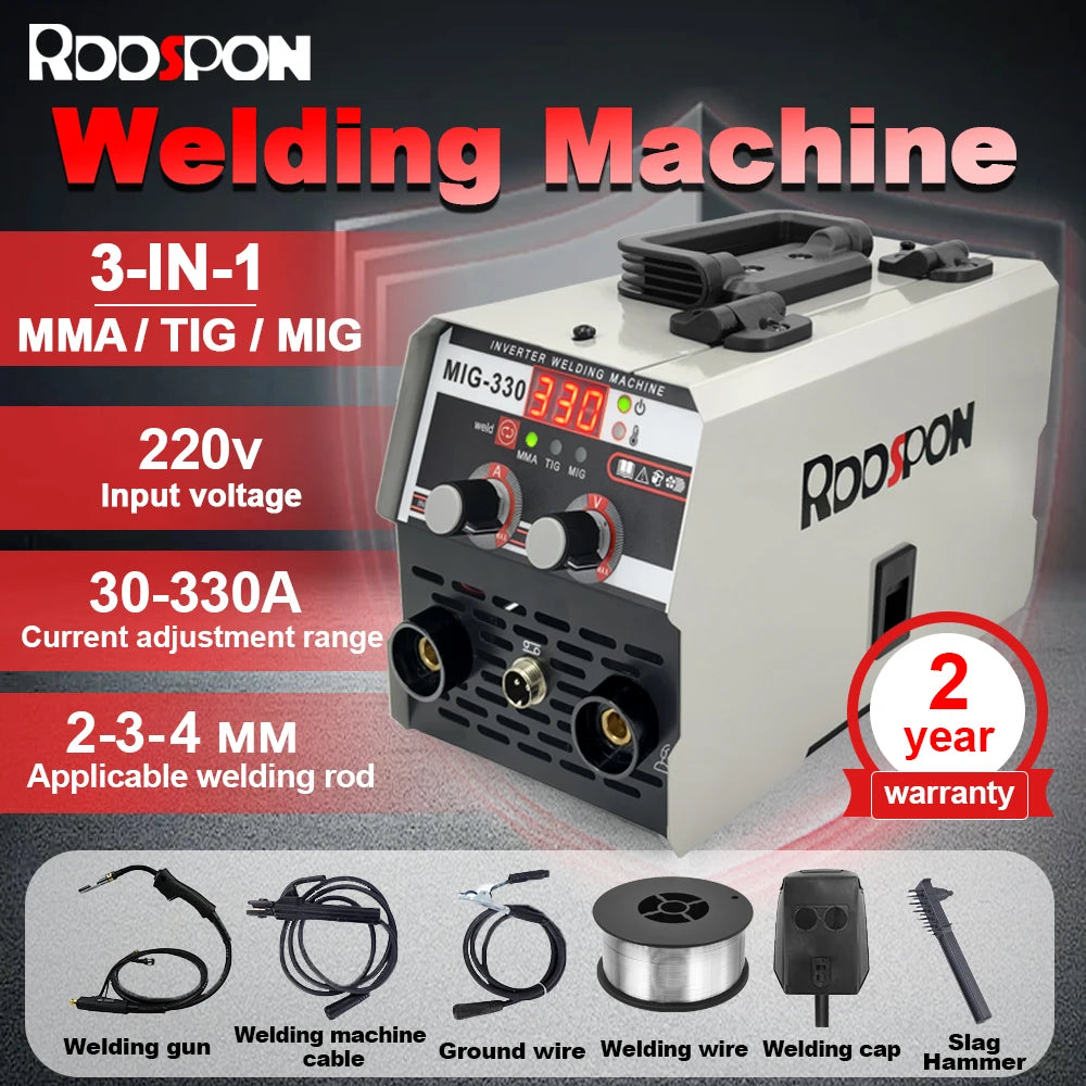 330A Welders 3 in 1 No Gas Inverter Welding Machine MIG MMA TIG Lift Semi Automatic Spot Welder for Household Metal Work RDDSPON
