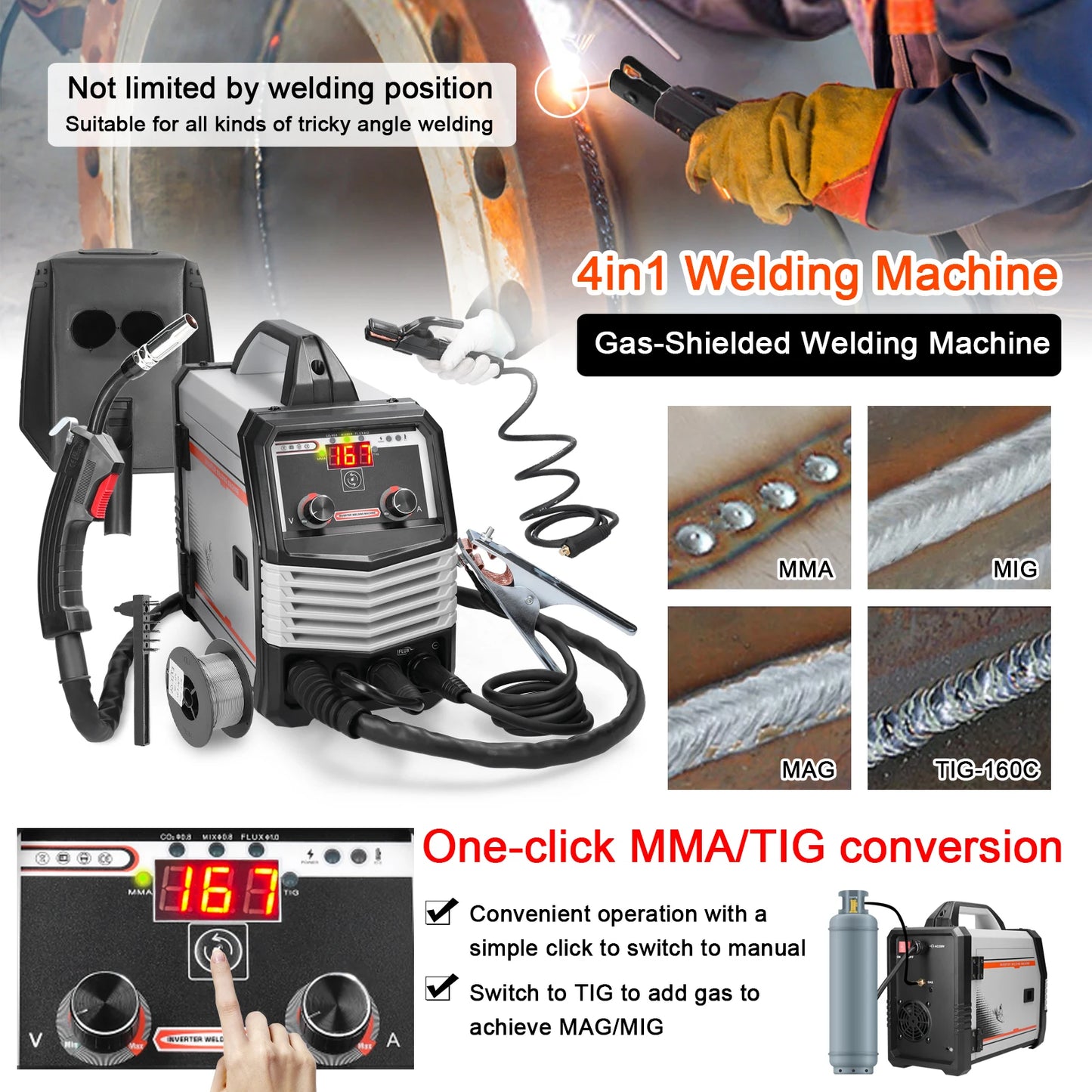 MIG MMA MAG TIG-160C Inverter Welders Electric Welding Machine Equipment Intelligent Welders 4in1/2in1/Welding Wire(optional)