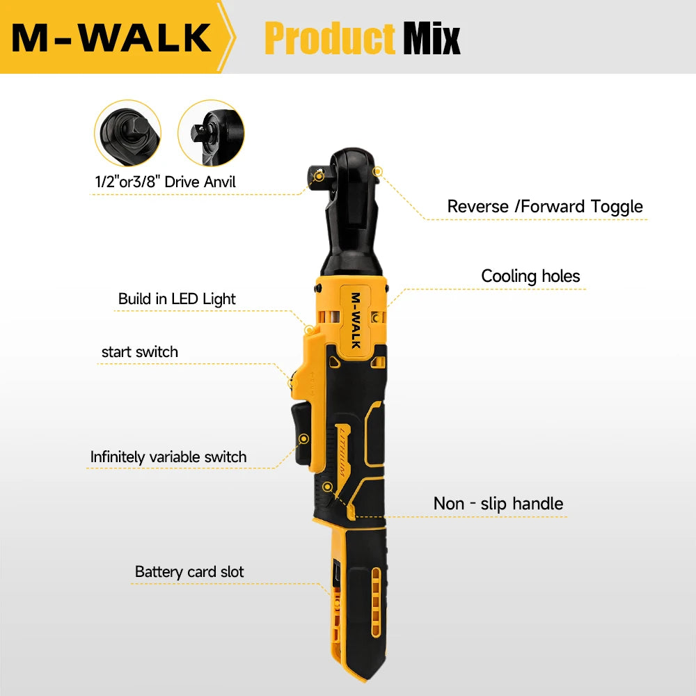 Electric Ratchet Right Angle Wrench 1/2 Inch Cordless Variable Speed Nut Removal Wrench Power Tools For Dewalt 20V Battery Pin