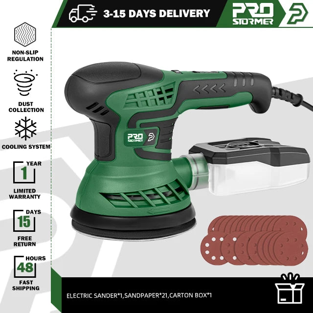 400W Electric Sander Machine 230V with 7-Speed Transmission 125mm Sanding Pad Dust Collector And 21pcs Sandpapers PROSTORMER