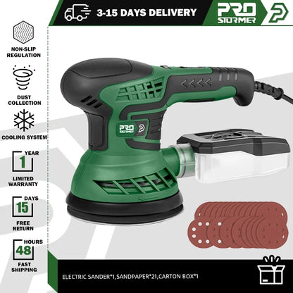 400W Electric Sander Machine 230V with 7-Speed Transmission 125mm Sanding Pad Dust Collector And 21pcs Sandpapers PROSTORMER